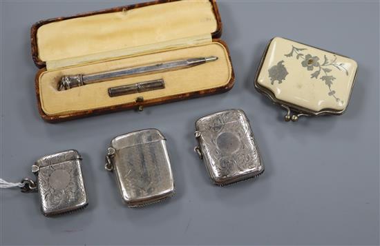 Three assorted silver vesta cases, a cased sterling pencil and a purse.